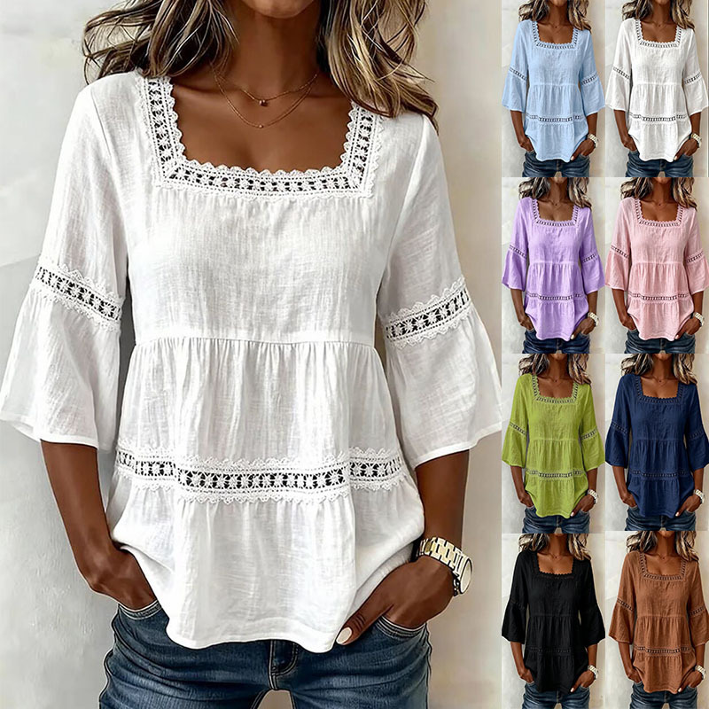 2026 Cross-Border Amazon Summer Solid Color Casual Square Neck Cotton and Linen Lace Patchwork Three-Quarter Short-Sleeve Top for Women