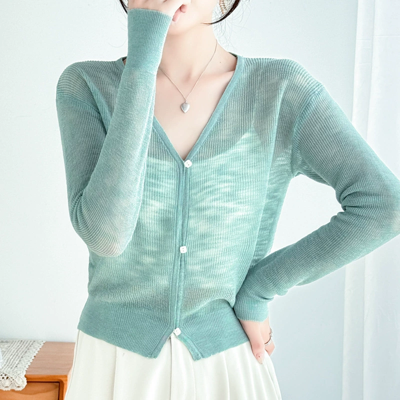 2024 Новый стиль высокого класса Чувство бамбука конопли V-образным вырезом трикотажный солнцезащитный кардиган тонкая внешняя рубашка с кондиционером блузка