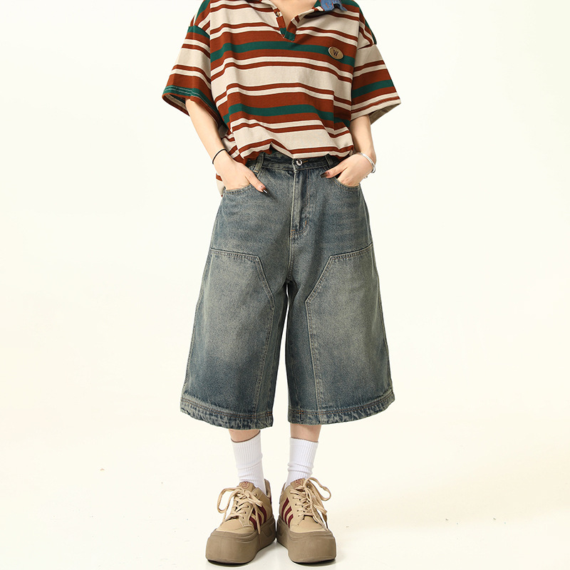 Pantalones cortos de mezclilla lavados en la calle retro americana pantalones de pierna recta para hombres y mujeres pantalones cortos de todo fósforo de la marca de moda de pierna ancha