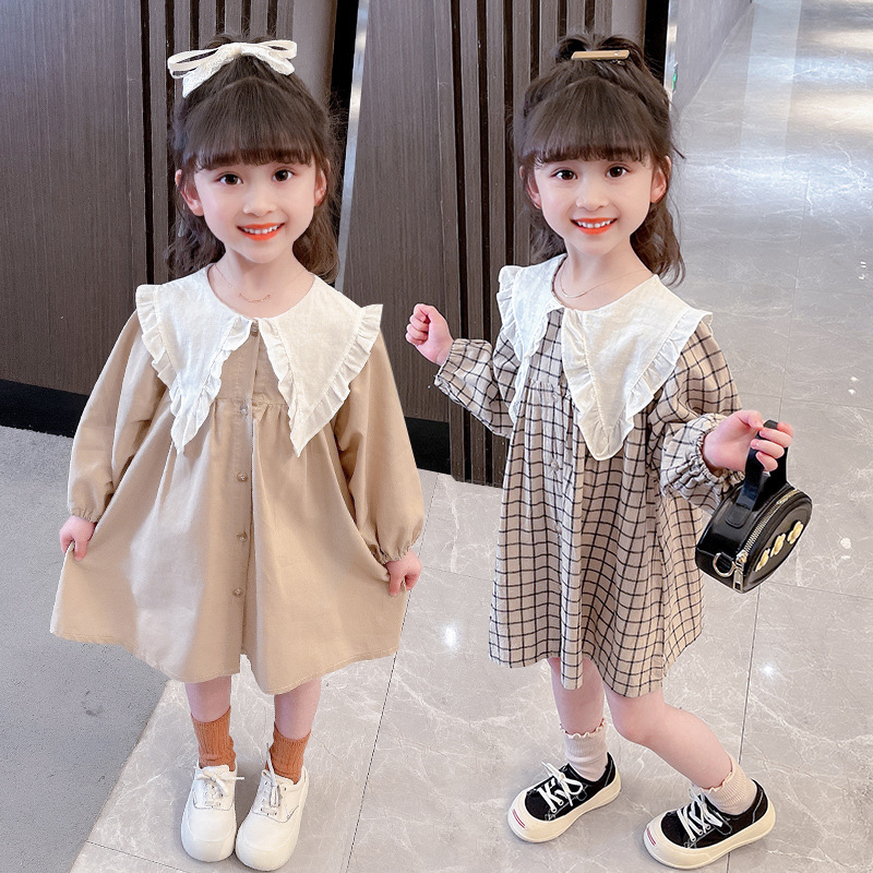Foreign Trade Girls Plaid Dress Spring New Kidsren's Princess Dress Baby Girl Long-Sleeved Dress Cotton and Linen Dress