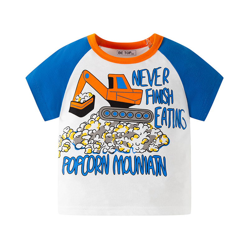 Muestras personalizadas de be top camisetas de niños nuevos niños de verano dibujos animados automóviles de color de manga de bebé de moda coreana
