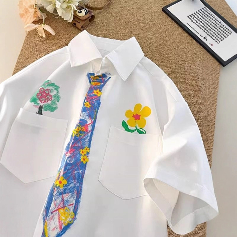 Trendy Japanese-Style Hand-Painted Tie Short-Sleeve Shirt Summer College Style Loose Fun Graffiti Couple Shirt