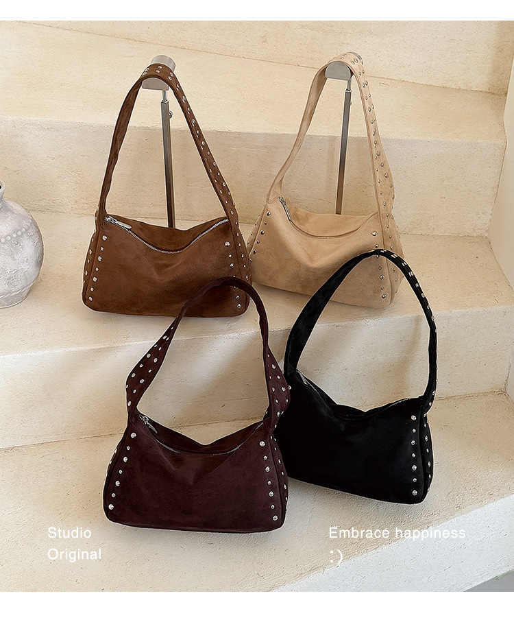 Studded Suede Crescent Zip Underarm Hobo Bag 14