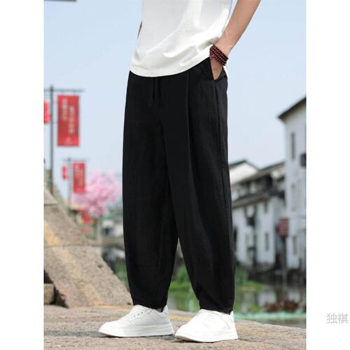 China style summer, new Chinese style youth men's wide-leg pants, cotton linen, loose large-size training lantern pants