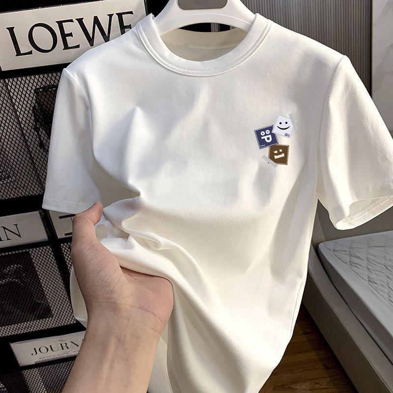 Couple's Hong Kong Style Small Label Printed Short-sleeved T-shirt 2024 Summer Black and White T Men's Top Round Neck Live Grass Planting