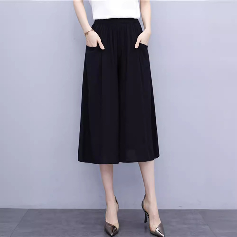 Cropped pants women's summer thin cotton silk pants middle-aged and elderly mothers wide-leg pants plus size loose skirt pants casual pants
