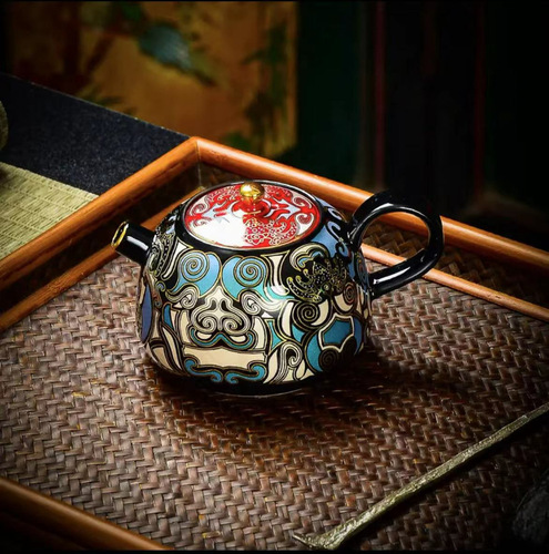Gold and Silver Inlay Carving Color-Contrasting Taotie Tea Pot Small Size Gongfu Tea Pot Chinese Ceramic Tea Set Home Use Single Teapot