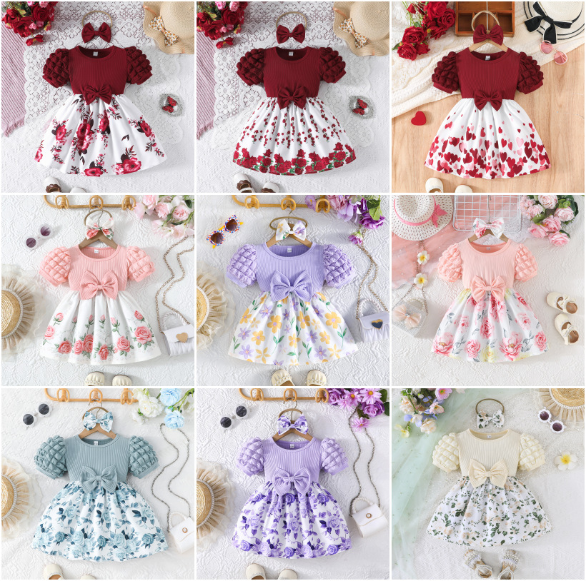 Direct from the Manufacturer: Girls' Summer Floral Princess Dress with Puff Sleeves and Ribbed Bow, Includes Matching Hair Accessory