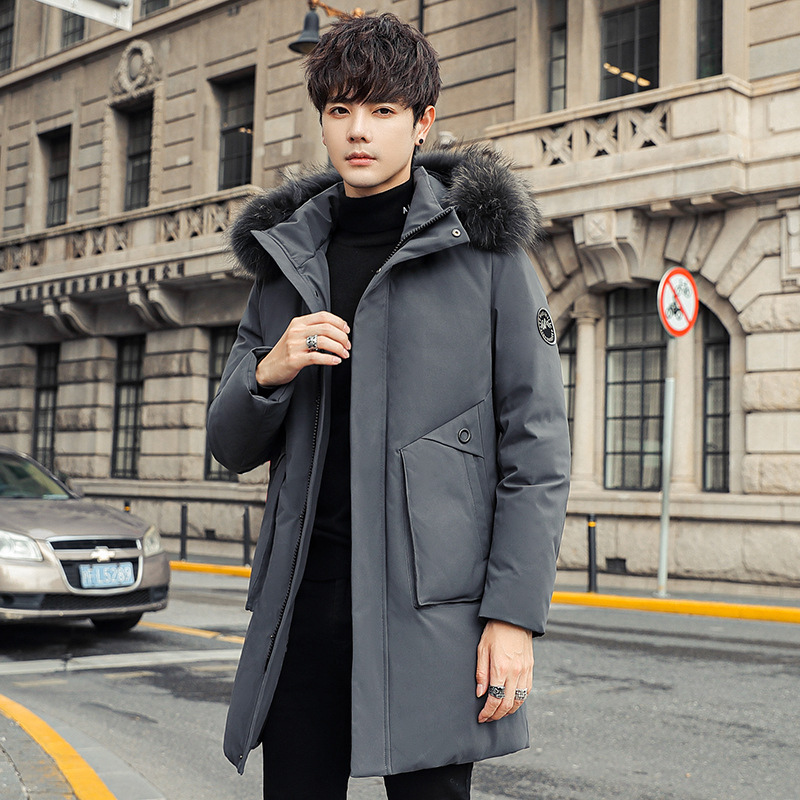 Men's Mid-Length Down Jacket, Workwear Style, Trendy Brand, Large Fur Collar, White Duck Down, Cold-Weather Coat, Men's Hooded Jacket