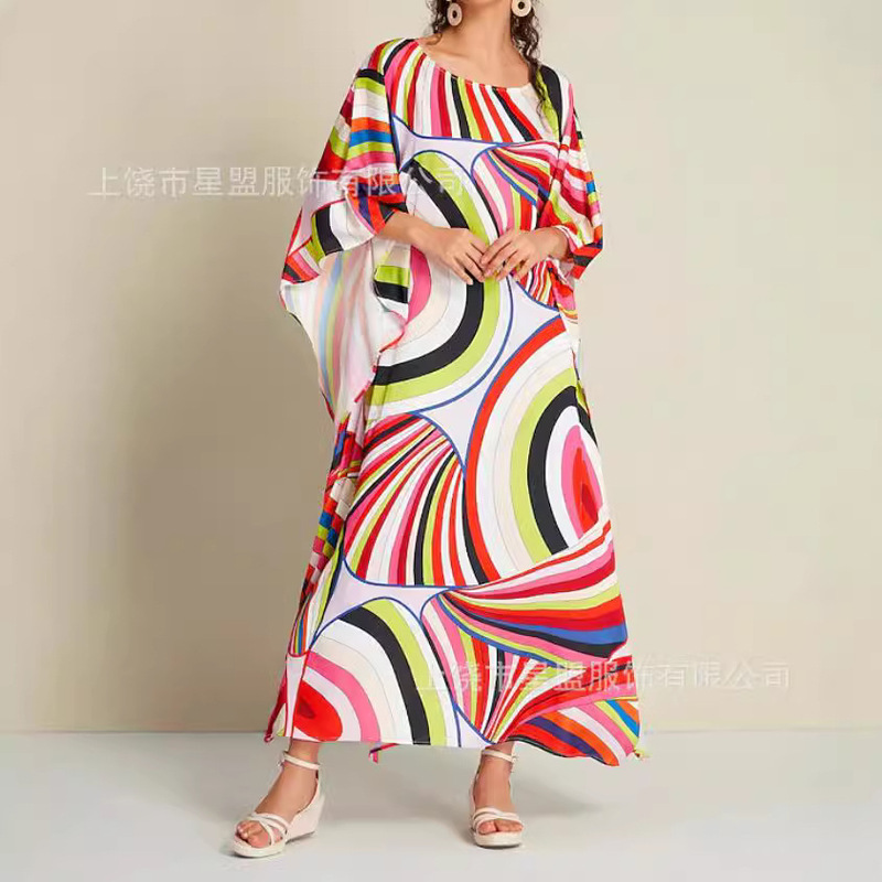 Geometric raglan sleeve color matching kaftan dress 3D printing casual everyday elegant robe holiday dress women's clothing-