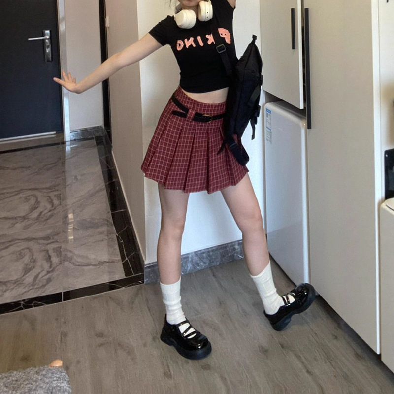 美式复古设计感红色格子百褶裙女大码胖mm学院风半身裙甜辣妹短裙|undefined