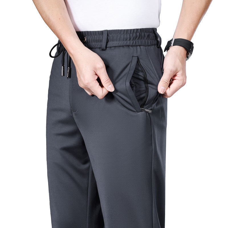 Pantalones de hombre de cintura elástica de verano, pantalones casuales de negocios elásticos rectos sueltos, pantalones deportivos ligeros para jóvenes y de mediana edad, pantalones de seda helada