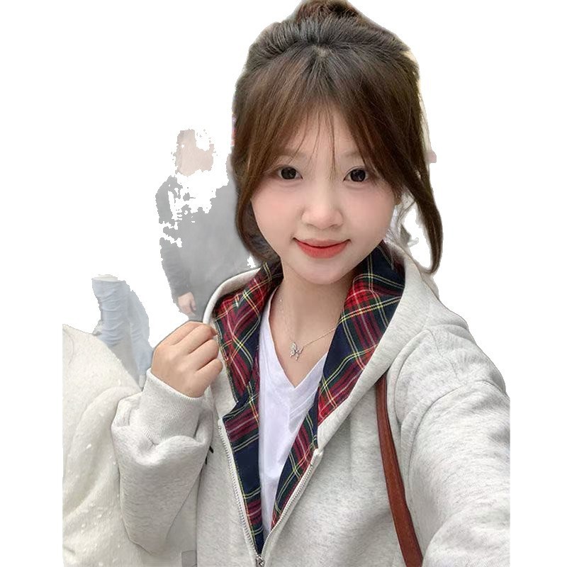 美式灰色连帽卫衣外套女秋冬新款宽松慵懒风撞色格子拼接拉链开衫|undefined