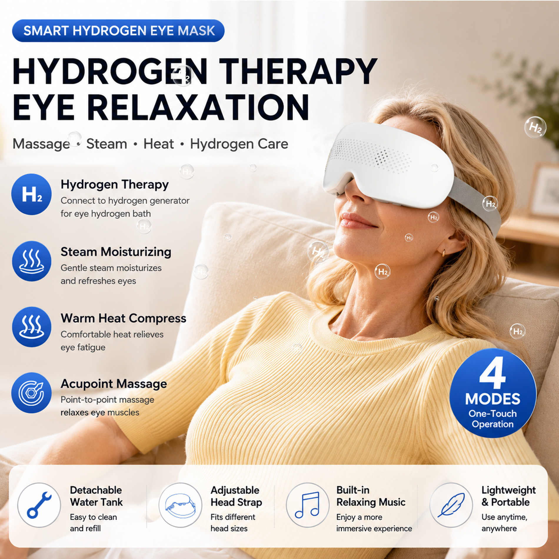 Smart eye massager, hydrogen eye mask, portable and foldable, with heat therapy, visual display, and eye protection features
