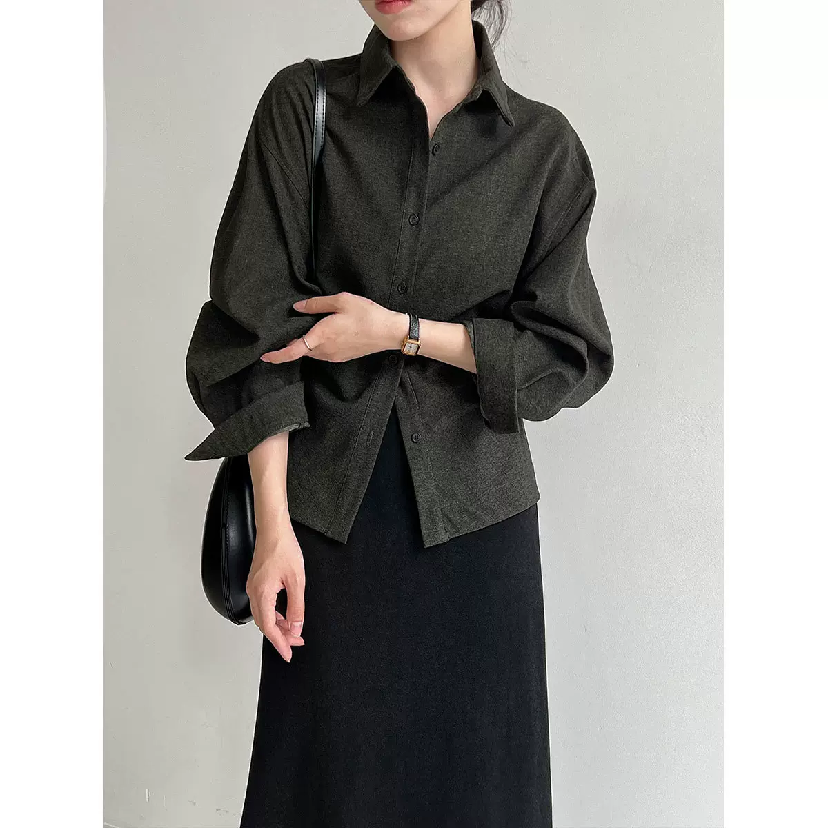 鹿西韩系翻领磨毛衬衫女秋季新款高级感通勤气质系带收腰衬衣8540