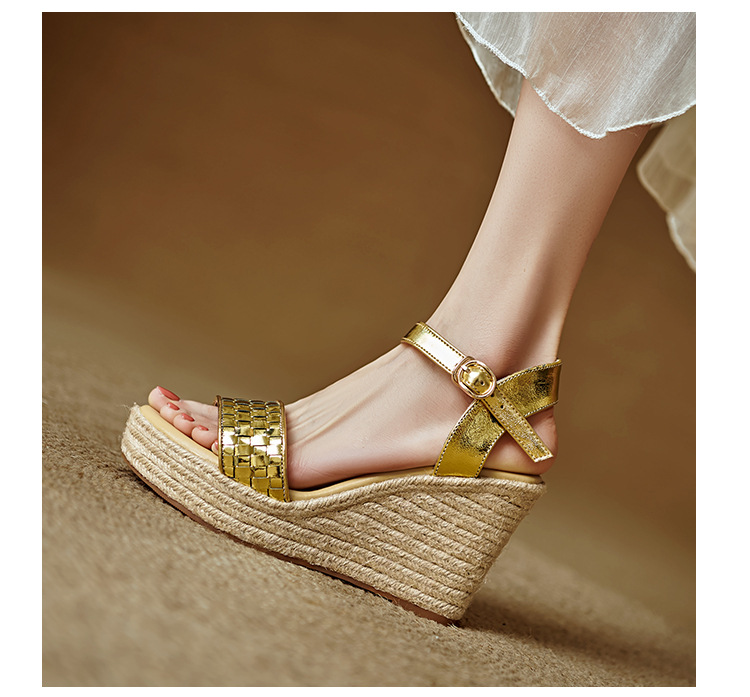 Sandal cao gót nữ quai ngang đan bện màu vàng bạc, đế xuồng đan rơm, gót 9 cm — màu vàng, bạc chi tiết 16