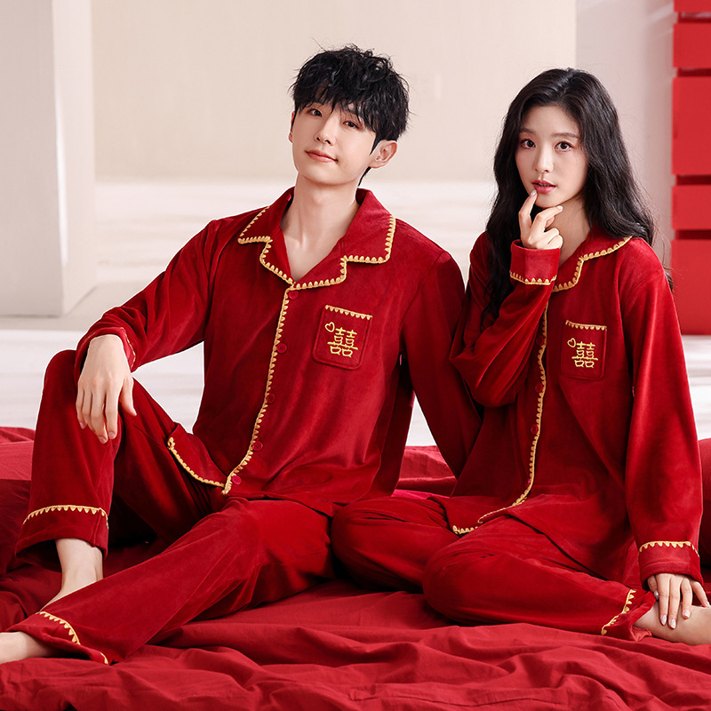 Island Velvet Burgundy Wedding Couple Pajamas Autumn and Winter Long-Sleeved One Man and One Woman Newlywed Festive Home Wear Set