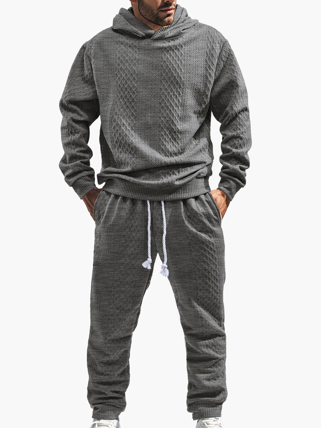 Transfronterizos TK primavera y otoño hombre deportivo relajado pantalones largos de manga larga Jacquard grande conjunto de sudadera con capuz