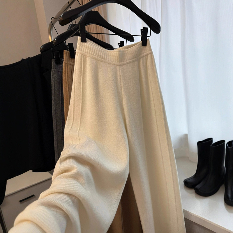 Winter Lazy Style Cashmere Casual Pants for Women Autumn and Winter 2025 New Knitted Wide-Leg Pants for Small People Fleece-Lined Wool Pants