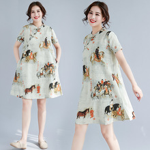 实拍2025夏季新款复古印花棉麻宽松大码中长款改良旗袍短袖连衣裙