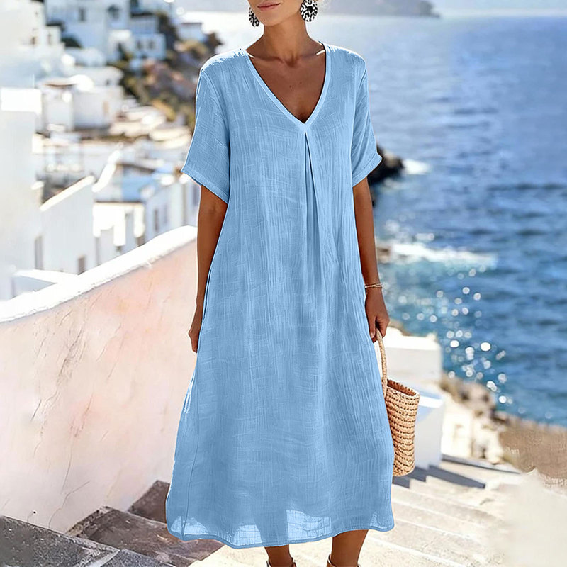Women's Solid Color Short Sleeve V-Neck Pocket Pullover Cotton Linen Long Dress Women's Dress
