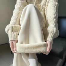 白色加绒阔腿裤女秋冬2025新款小个子高腰宽松垂感休闲灯芯绒针织