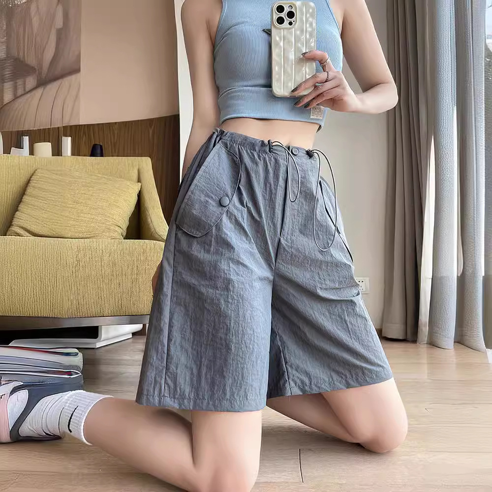 灰色工装短裤女夏季薄款高腰休闲阔腿设计感速干运动美式五分裤子