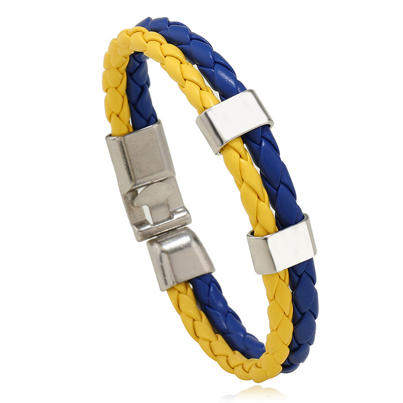 简约蓝黄色多层编织皮革手链创意新款乌克兰国旗颜色手环厂家直销