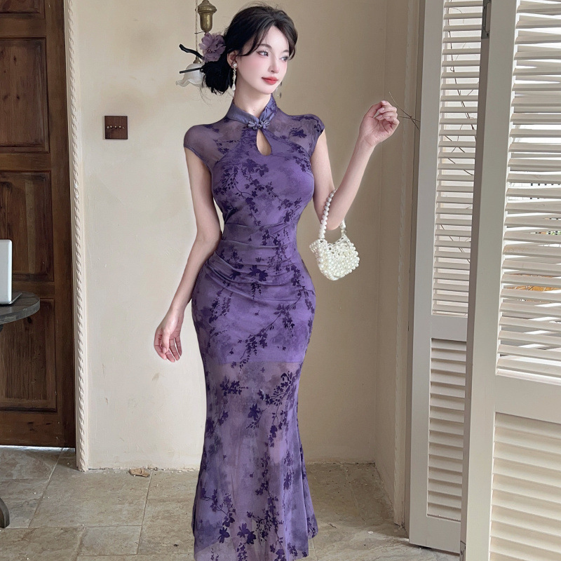 Real Shot of 9434 Sexy Mesh Splicing Improved Cheongsam New Chinoiserie Dress Technician Work Clothes Nightclub Skirt