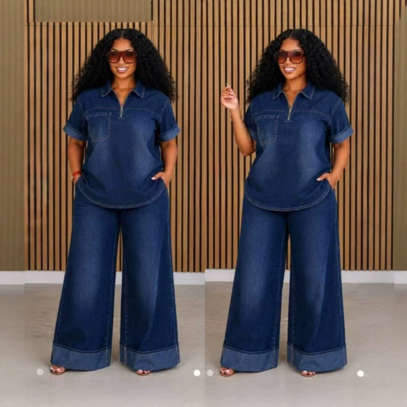 2026 European and American cross-border Amazon plus-size loose-fit casual solid-color wide-leg pants and denim short-sleeve two-piece set for women 2026 European and American cross-border Amazon plus-size loose-fit casual solid-color wide-leg pants and denim short-sleeve two-piece set for women