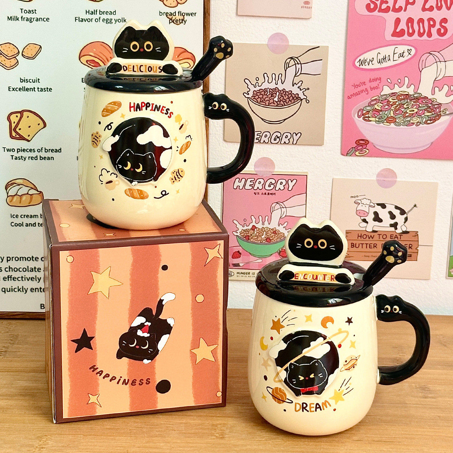 Cute gato cerámica taza con cubierta taza de cuchara de taza de agua de alto valor para niñas taza de regalo de cumpleaños casera taza de pareja