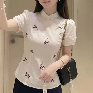 新中式复古新款立领盘扣梅花印花衬衫女夏修身短袖国风上衣米白色