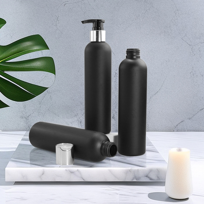 236ml黑色毛绒料斜肩细高圆柱瓶HDPE洗发水瓶8oz千秋盖包装瓶