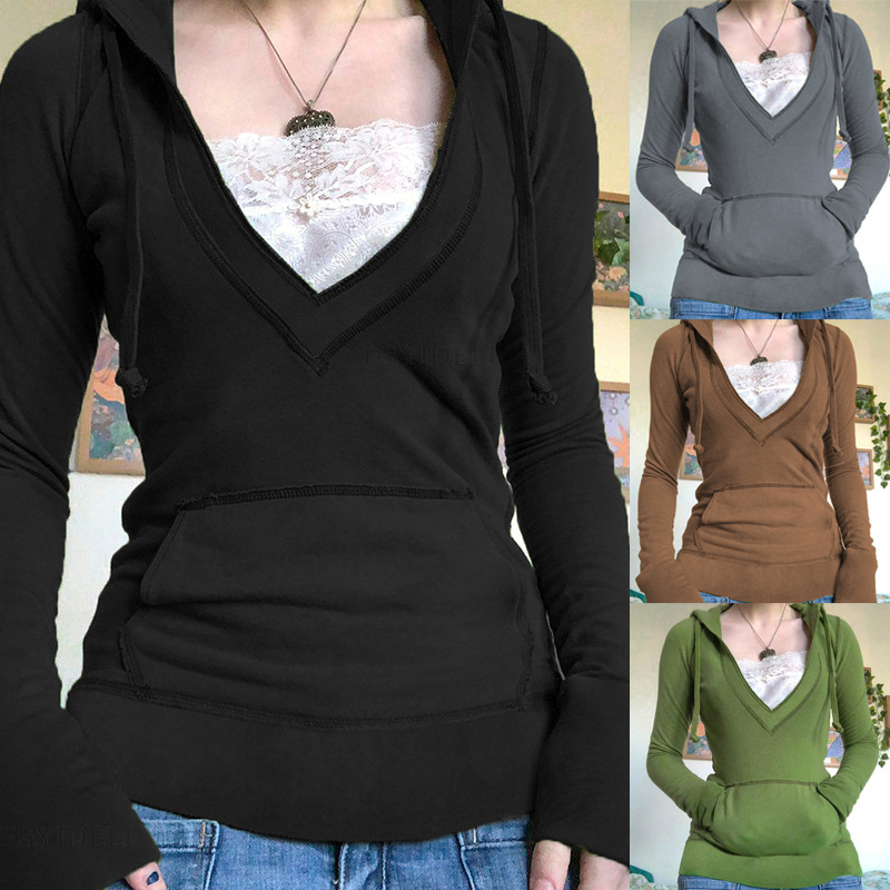 Women's T-shirt New Slim-fit Slimming Lace Deep V-neck Hoodie Drawstring Large Pocket Stitching Top SU3093