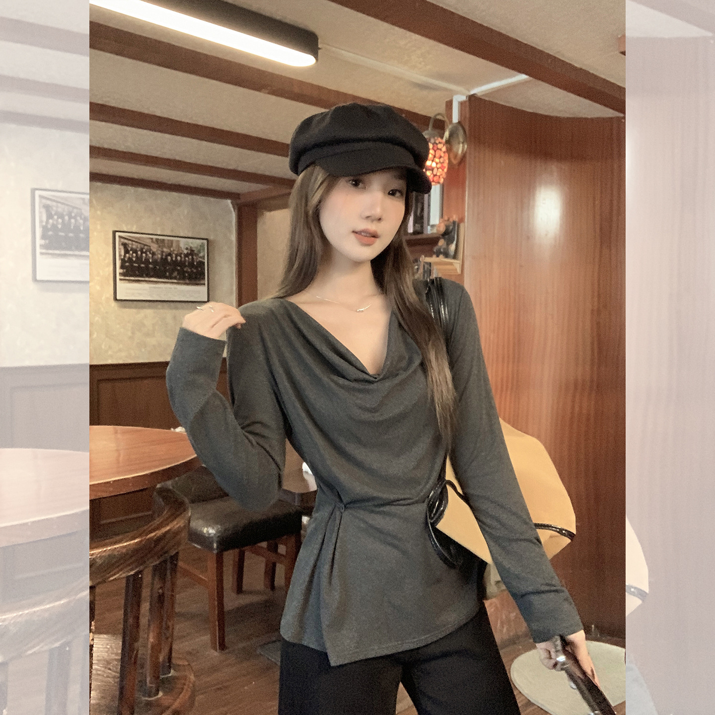 그레이 레이지 스타일 플리츠 오프 숄더 원라인 칼라 루즈 솔리드 컬러 긴팔 티셔츠 신작 한국 스타일 가을 여성상의