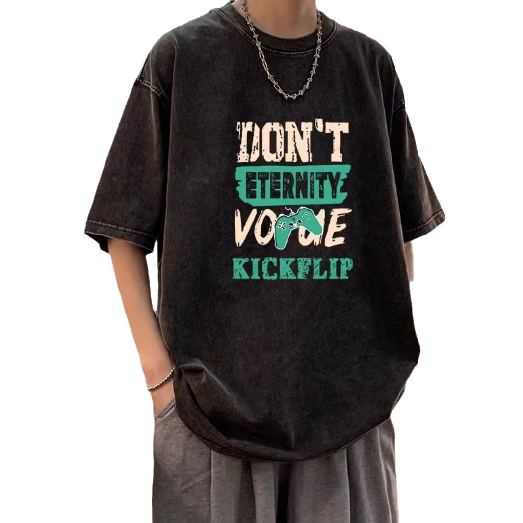 Camiseta de manga corta de algodón puro desgastado lavado retro americano para hombre, camiseta de media manga de marca holgada informal de verano para hombre