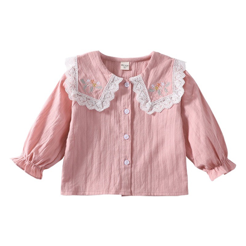 Camisa blanca de las niñas solapa de los niños 2024 nueva camisa bordada de otoño estilo coreano camisa de manga larga estilo occidental de las niñas