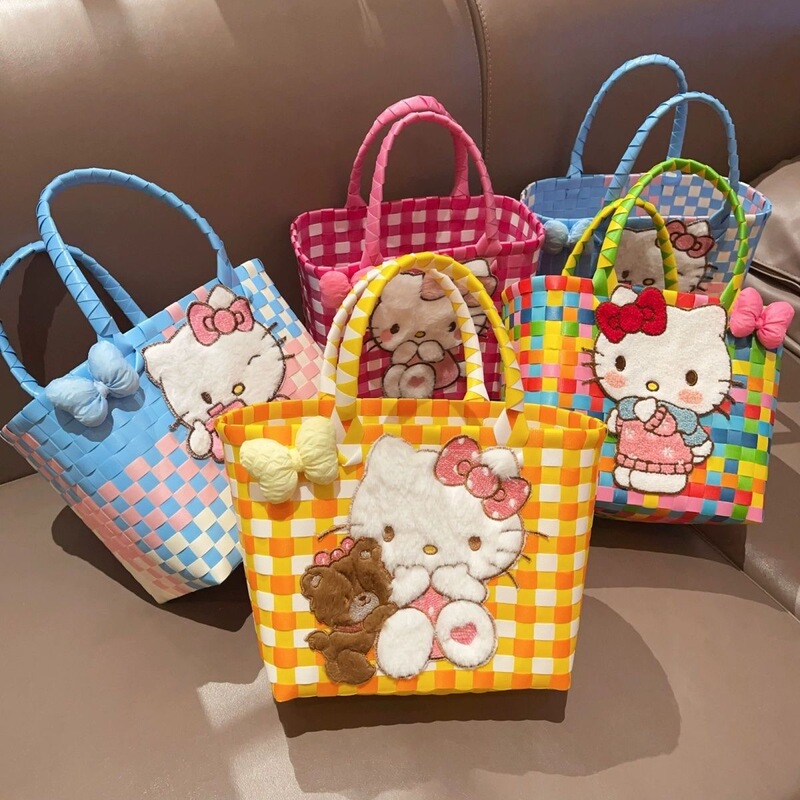 Kitty Hand-Woven Bag Large Capacity DIY Vegetable Basket Beach Bag Souvenir Handbag Holiday Gift Bag Bag