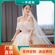外贸欧美2025年新款新娘法式拖尾公主新娘一字肩虎丘婚纱礼服批发