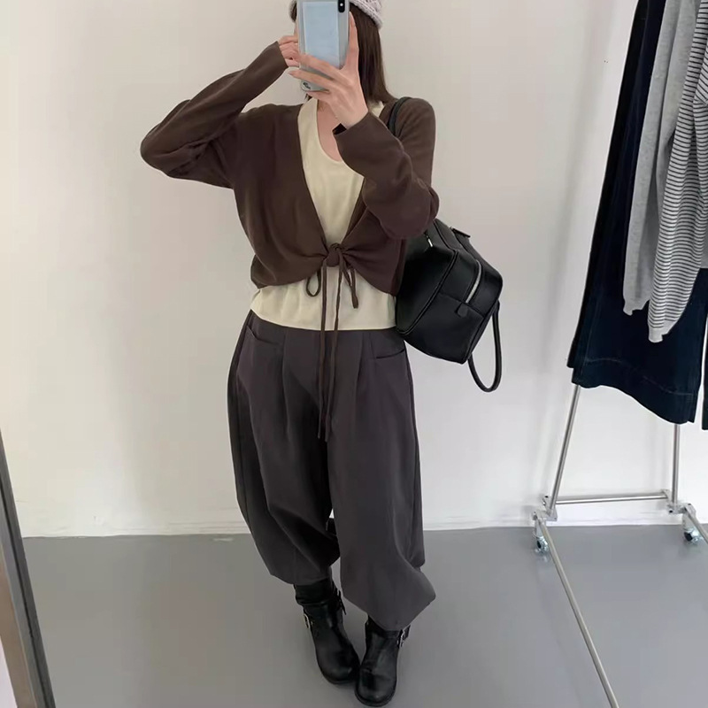 早秋挂脖假两件抽绳针织衫上衣|undefined