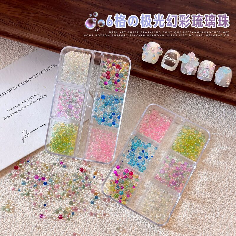 Nail Art Accessories: Iridescent Glass Small Round Beads, 6-Compartment Mixed Pack, Translucent Macaron Aurora Bubble Beads for Nail Decoration