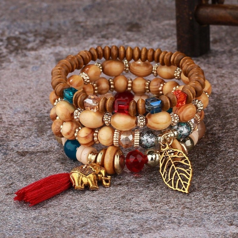 New European and American bohemian style multi-layer elephant pendant tassel wooden bead bracelet elastic beaded layered bracelet