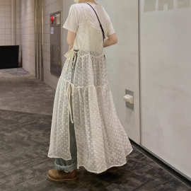 韩国chic春季小众减龄轻薄刺绣波点侧边系带宽松休闲吊带连衣裙女