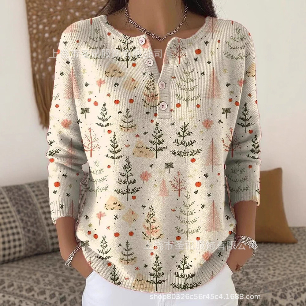 跨境亚马逊独立独新款复古圣诞3D数码印花四扣立领T恤女装早秋