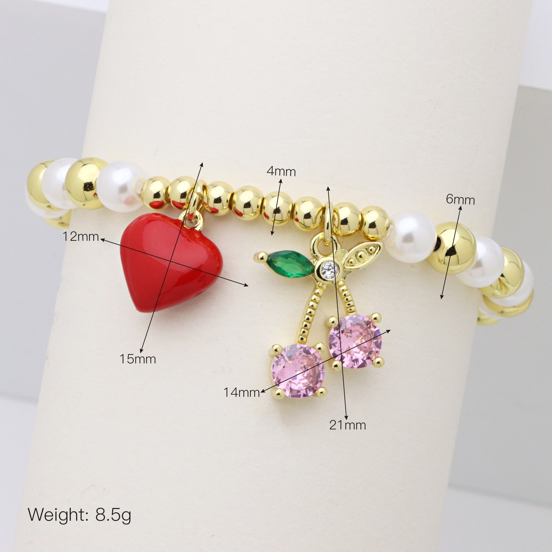1 Piece Quantity Casual, Street, Shopping Occasion Elegant Vintage Style Cherry Heart Shape Artificial Pearl Copper Ball Chain Beaded Bracelets Wholesale