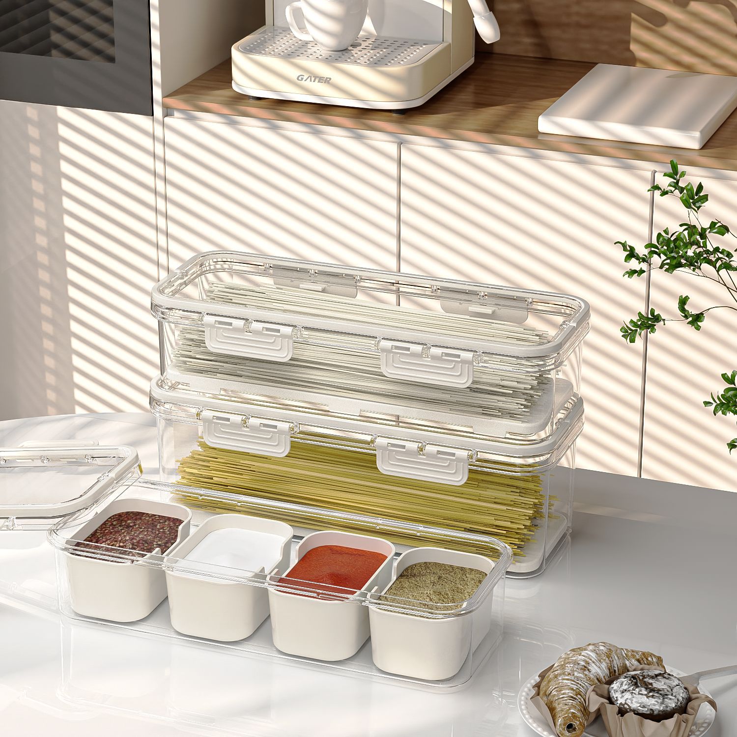 Caja de almacenamiento de fideos rectangulares Caja de almacenamiento de fideos refrigerador de plástico con cubierta Caja de sellado de fideos colgantes de alimentos de cocina image 2