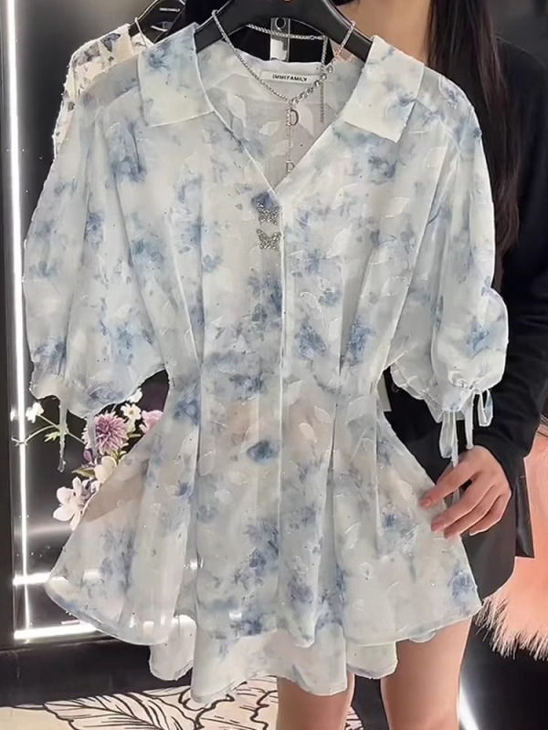 POLO领碎花短袖衬衫女2025年夏季新款压褶收腰遮肚子显瘦气质上衣|undefined
