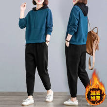 跨境多种颜色加绒套装女冬季外贸款撞色连帽卫衣休闲哈伦裤两件套