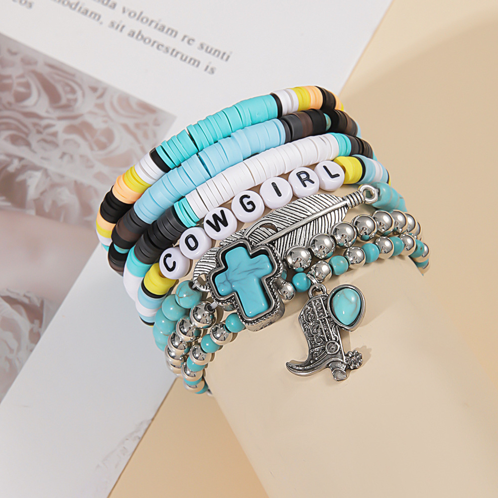 49g Weight Alloy Pendant Material Bracelets Classification Beaded, Turquoise Chain Material 1 Set Quantity Daily Occasion Beaded, Alloy, turquoise Material Cross, Cattle, Boots Pattern Women's Gender Retro Style Retro Cross Cattle Boots Beaded Alloy Turquoise  Beaded Bracelets Wholesale 10
