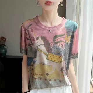 夏季新款女圆领水墨晕染短袖T恤时尚修身显瘦休闲百搭上衣针织衫